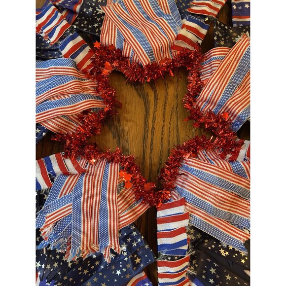 Patriotic Stars & Stripes Wreath With Red Tinsel Accents - Picture 2 of 4